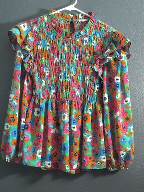 Vibrant Retro Floral Smocked Blouse Ruffled Shoulders Long Sleeve Small